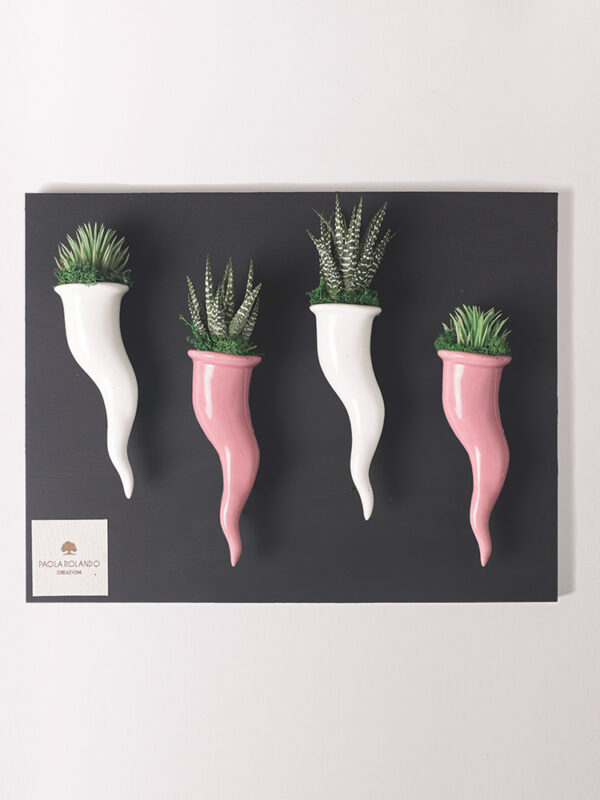Set 4 piante grasse in cornetti di ceramica su quadro Teresanna - Partenope
