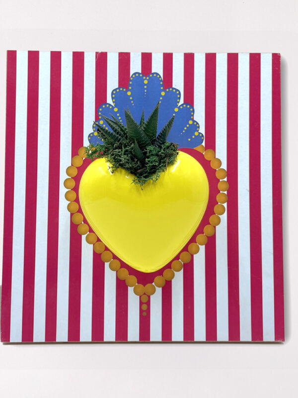 Pianta grassa in cuore di ceramica su quadro decorato strisce 28x27