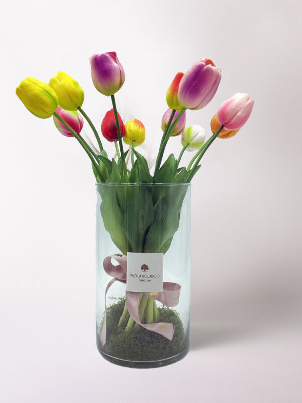Tulipani artificiali in vaso vetro 14*25